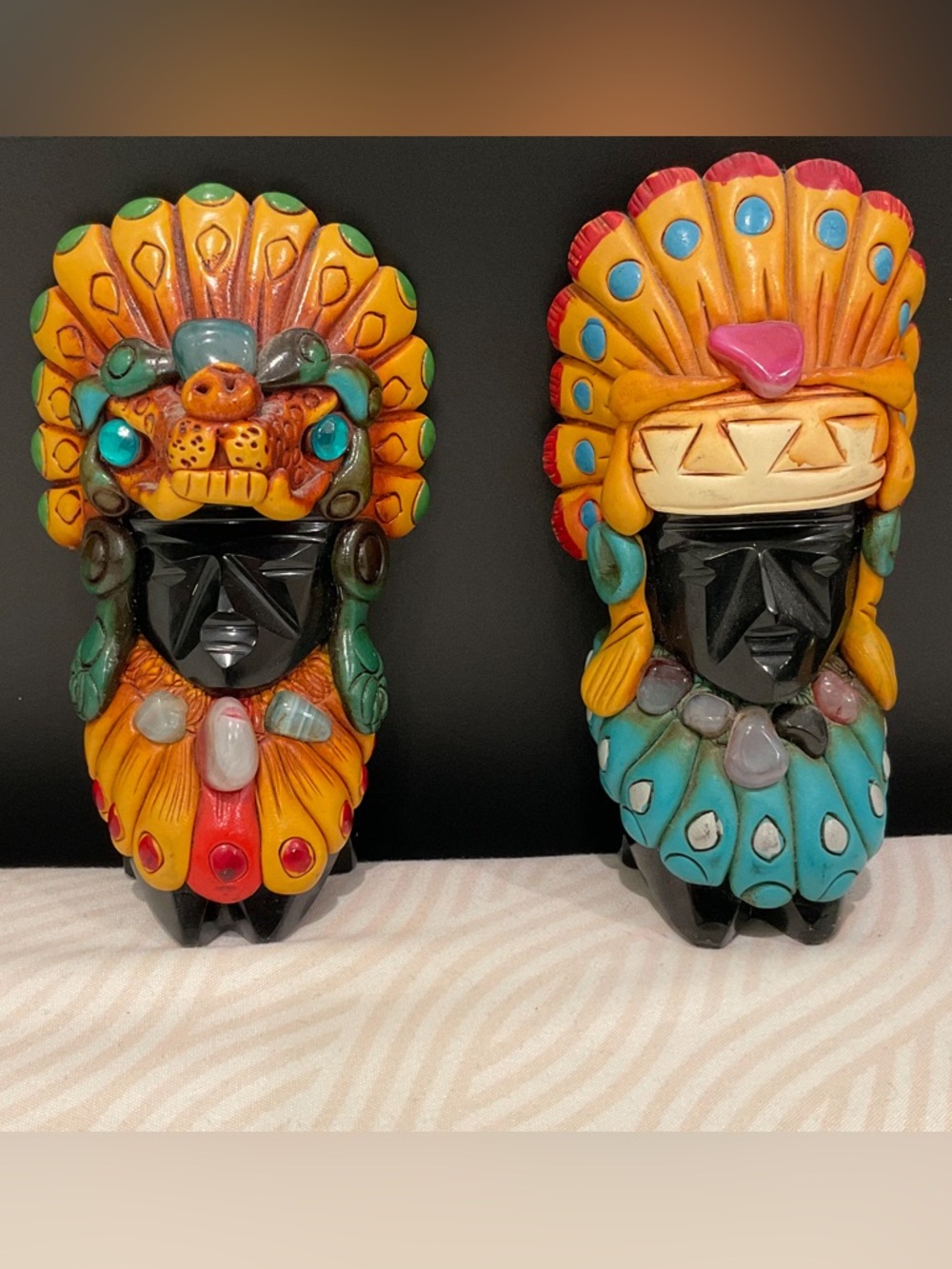 Colorful Tribal Headdress Figurine Pair - Bright Turquoise & Golden Orange